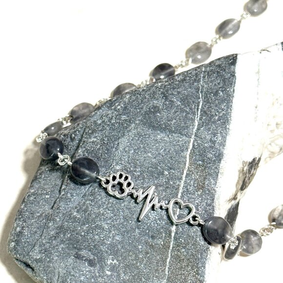Genuine Grey Tourmalinated Quartz Short Necklace,Gemstone & Paw Print Heart Beat - Picture 4 of 14